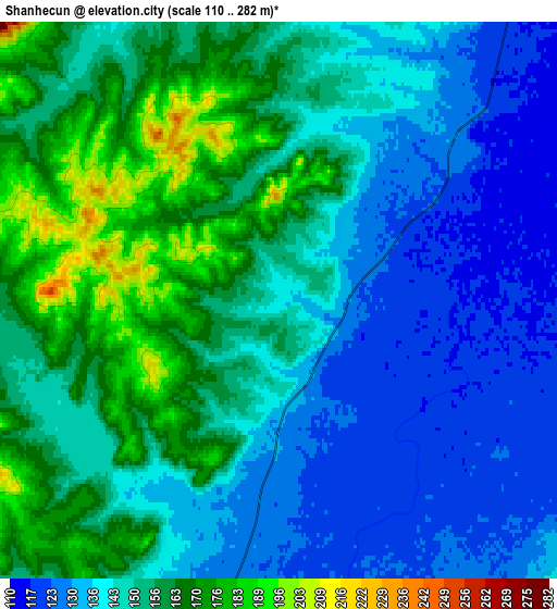 Zoom OUT 2x Shanhecun, China elevation map