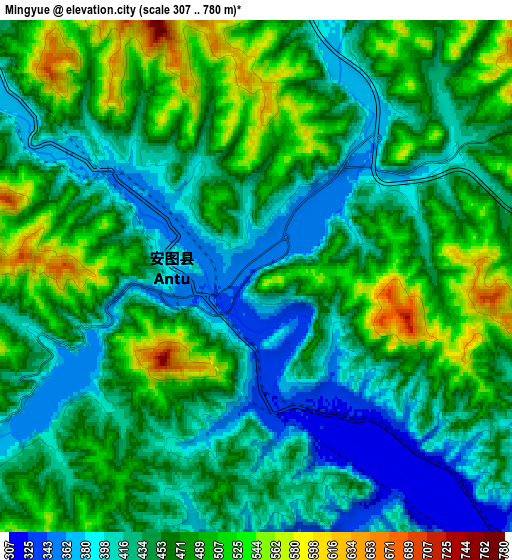 Zoom OUT 2x Mingyue, China elevation map
