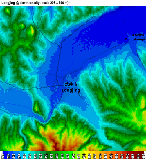 Zoom OUT 2x Longjing, China elevation map