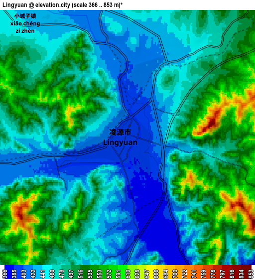 Zoom OUT 2x Lingyuan, China elevation map