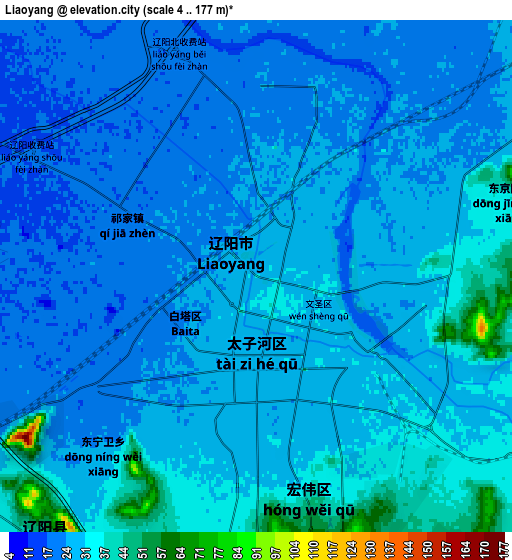 Zoom OUT 2x Liaoyang, China elevation map
