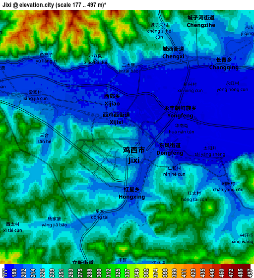 Zoom OUT 2x Jixi, China elevation map