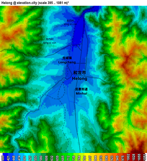 Zoom OUT 2x Helong, China elevation map