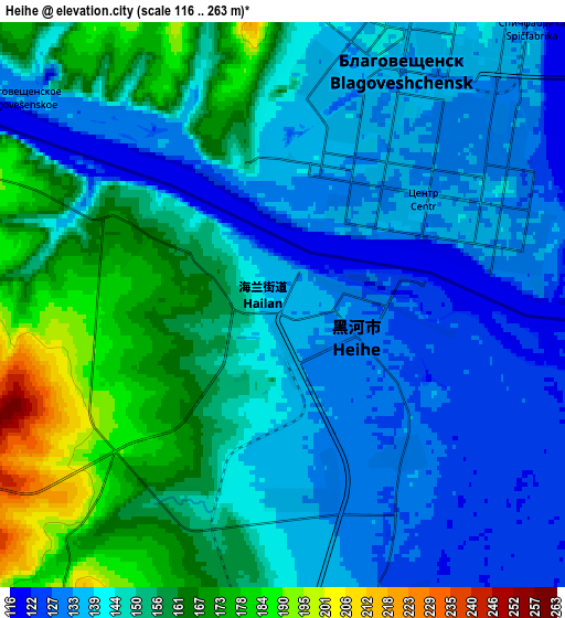 Zoom OUT 2x Heihe, China elevation map