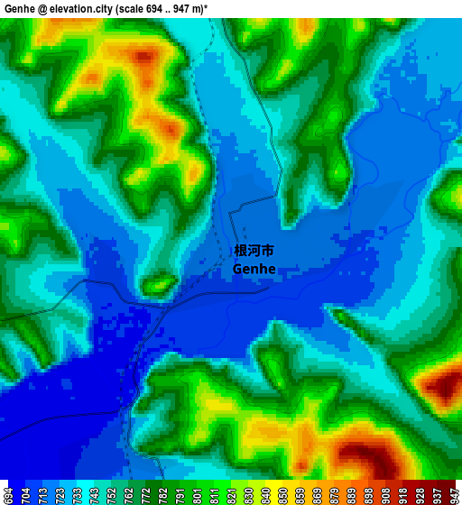 Zoom OUT 2x Genhe, China elevation map