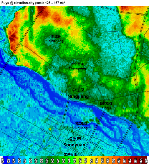 Zoom OUT 2x Fuyu, China elevation map
