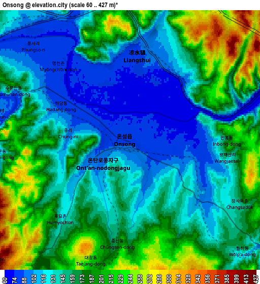 Zoom OUT 2x Onsŏng, North Korea elevation map