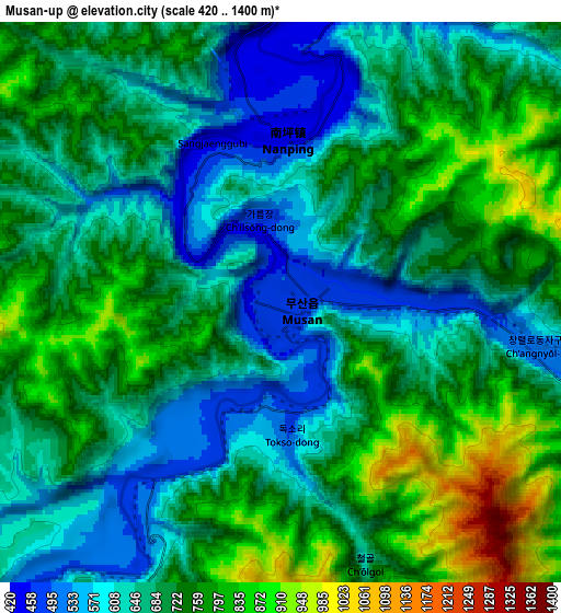 Zoom OUT 2x Musan-ŭp, North Korea elevation map