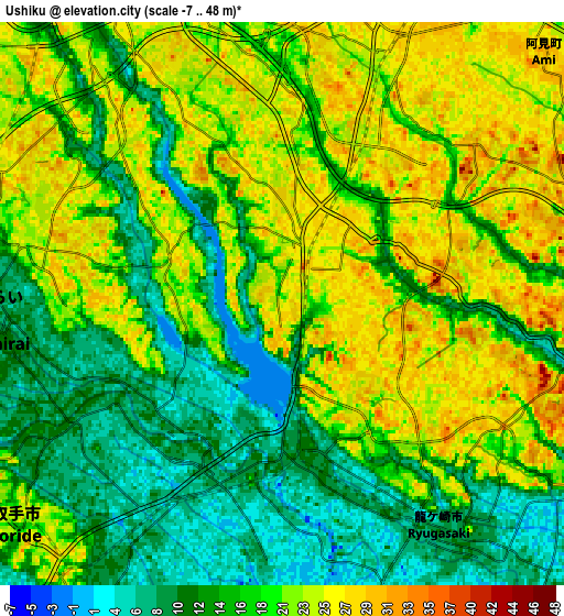 Zoom OUT 2x Ushiku, Japan elevation map