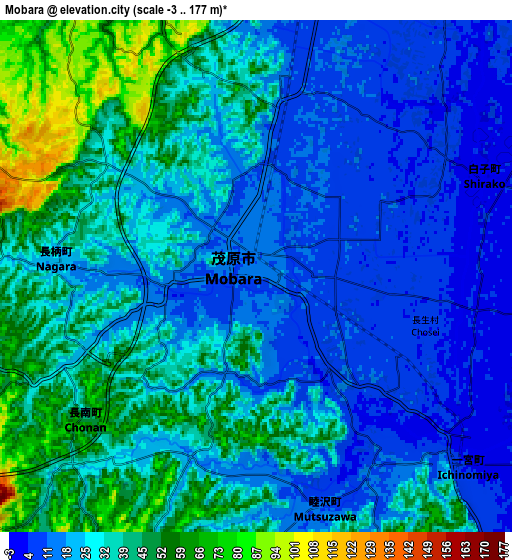 Zoom OUT 2x Mobara, Japan elevation map