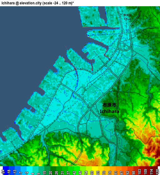 Zoom OUT 2x Ichihara, Japan elevation map