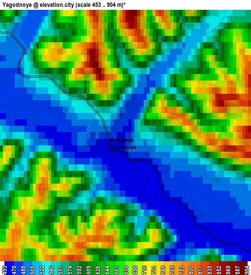 Zoom OUT 2x Yagodnoye, Russia elevation map