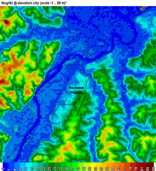 Zoom OUT 2x Nogliki, Russia elevation map