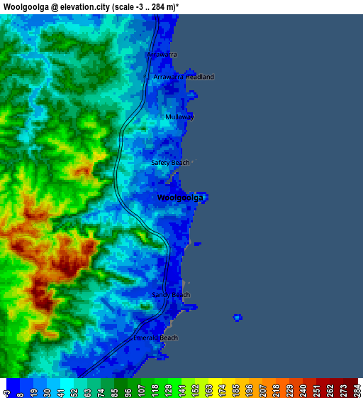 Zoom OUT 2x Woolgoolga, Australia elevation map