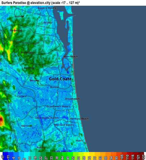 Zoom OUT 2x Surfers Paradise, Australia elevation map