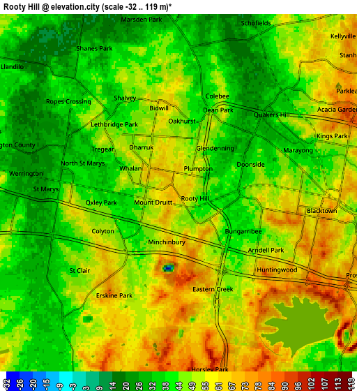 Zoom OUT 2x Rooty Hill, Australia elevation map