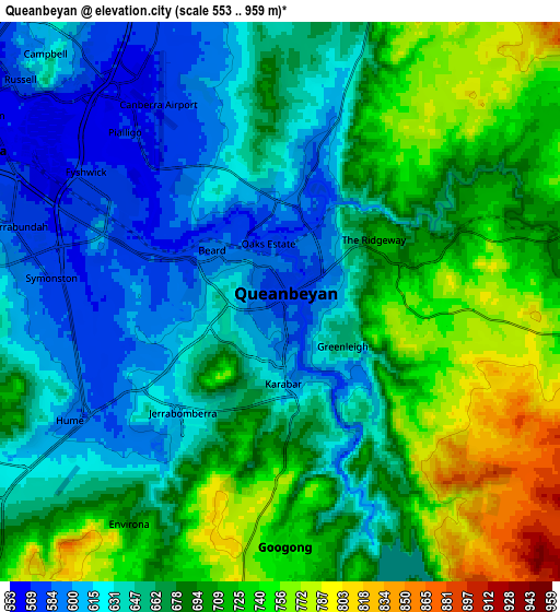 Zoom OUT 2x Queanbeyan, Australia elevation map