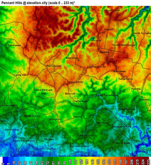 Zoom OUT 2x Pennant Hills, Australia elevation map