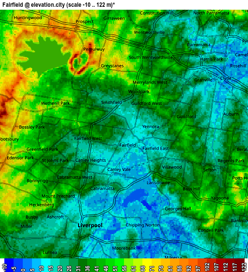 Zoom OUT 2x Fairfield, Australia elevation map