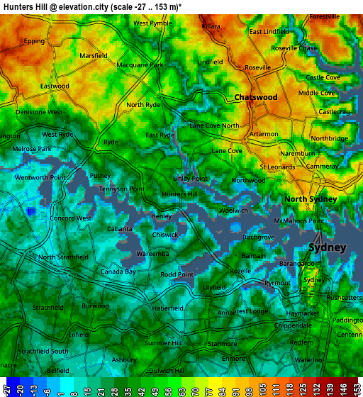 Zoom OUT 2x Hunters Hill, Australia elevation map