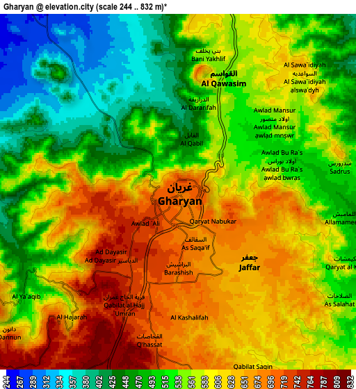 Zoom OUT 2x Gharyan, Libya elevation map