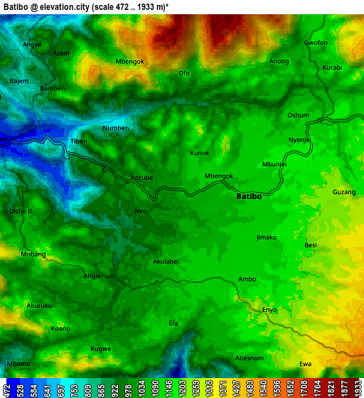 Zoom OUT 2x Batibo, Cameroon elevation map