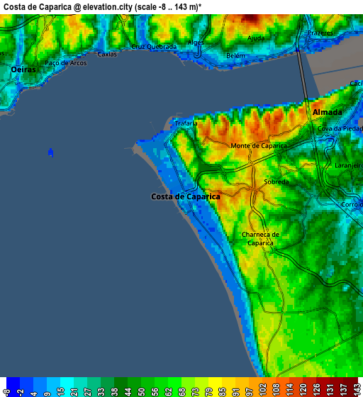 Zoom OUT 2x Costa de Caparica, Portugal elevation map