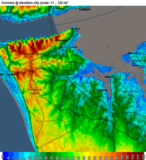 Zoom OUT 2x Corroios, Portugal elevation map