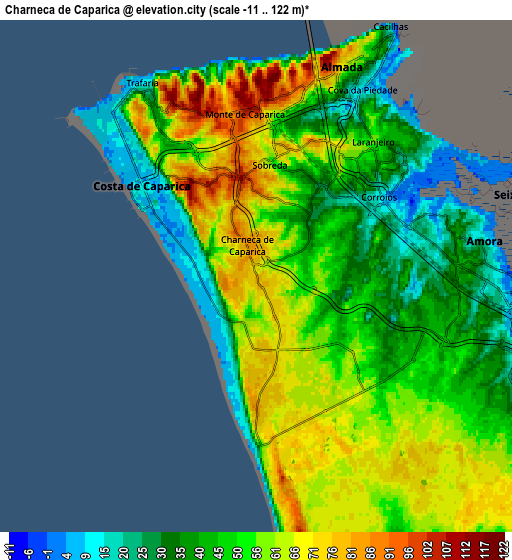 Zoom OUT 2x Charneca de Caparica, Portugal elevation map