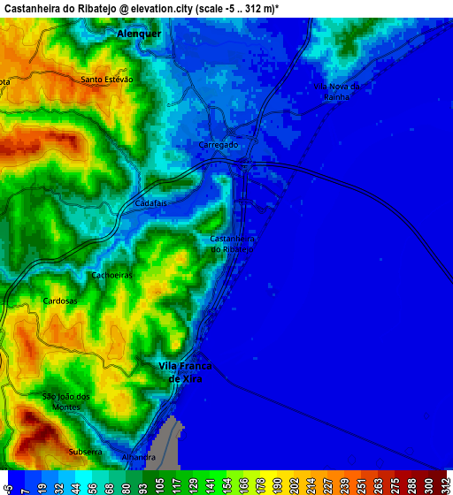 Zoom OUT 2x Castanheira do Ribatejo, Portugal elevation map