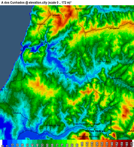 Zoom OUT 2x A dos Cunhados, Portugal elevation map