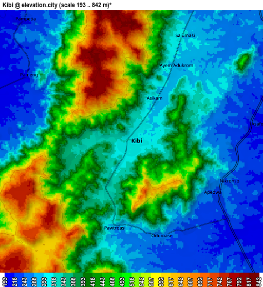 Zoom OUT 2x Kibi, Ghana elevation map