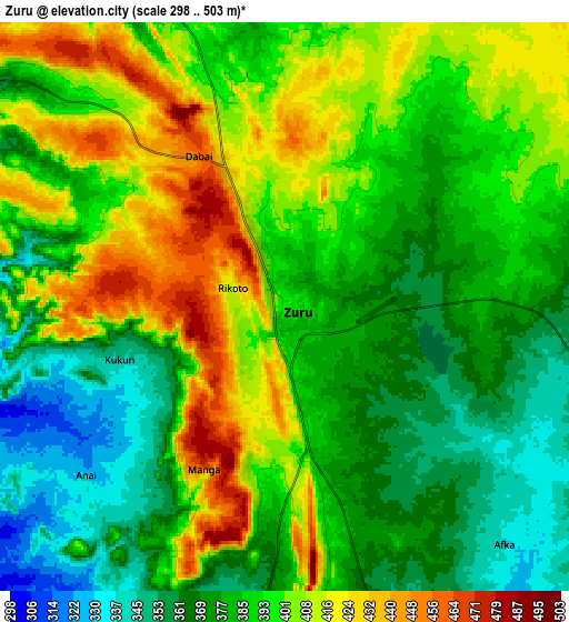 Zoom OUT 2x Zuru, Nigeria elevation map