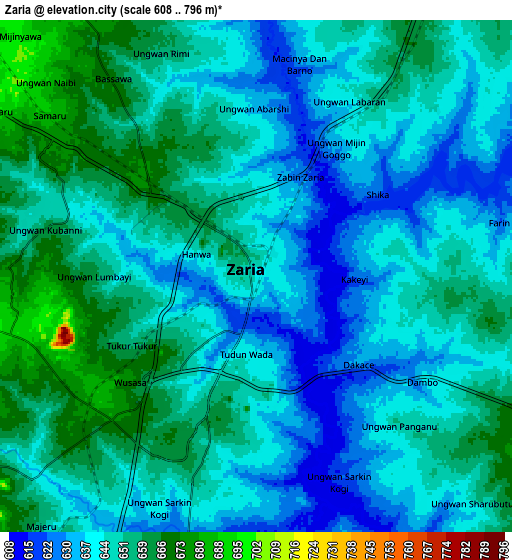 Zoom OUT 2x Zaria, Nigeria elevation map