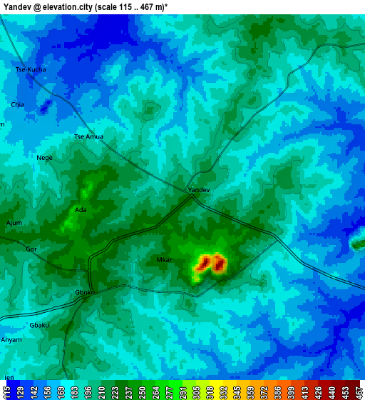 Zoom OUT 2x Yandev, Nigeria elevation map