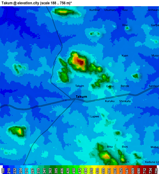 Zoom OUT 2x Takum, Nigeria elevation map