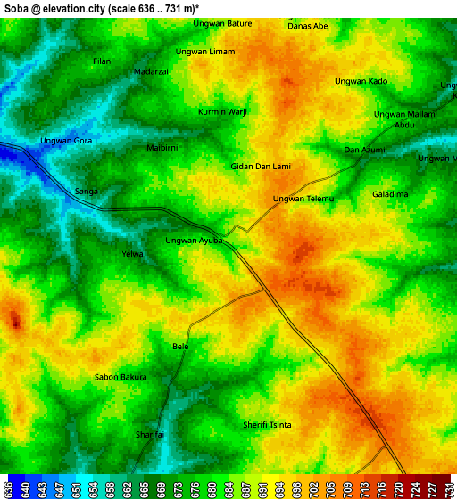 Zoom OUT 2x Soba, Nigeria elevation map