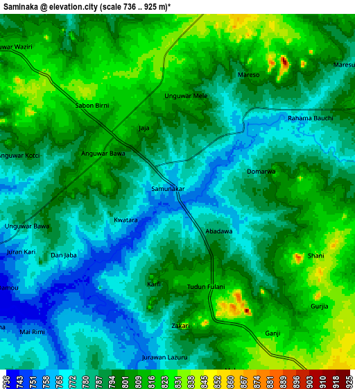 Zoom OUT 2x Saminaka, Nigeria elevation map