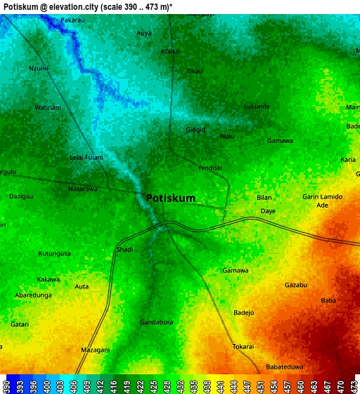 Zoom OUT 2x Potiskum, Nigeria elevation map
