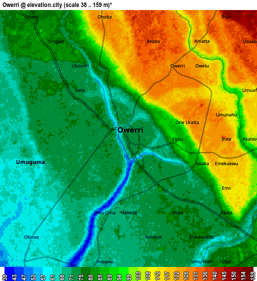 Zoom OUT 2x Owerri, Nigeria elevation map