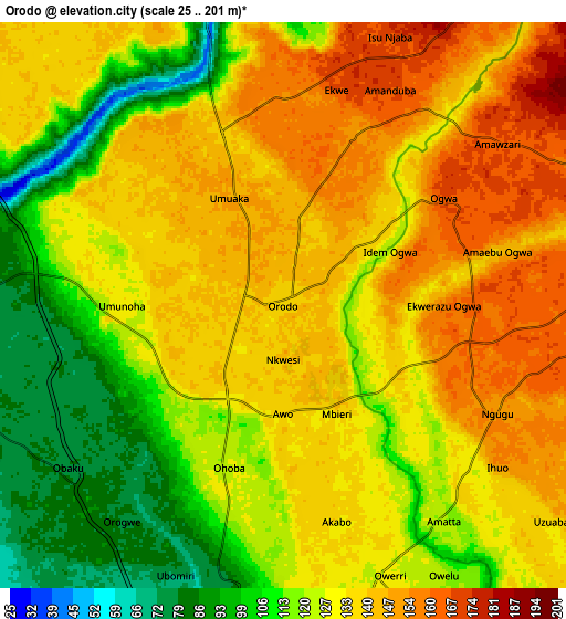 Zoom OUT 2x Orodo, Nigeria elevation map