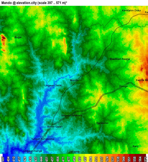 Zoom OUT 2x Mando, Nigeria elevation map