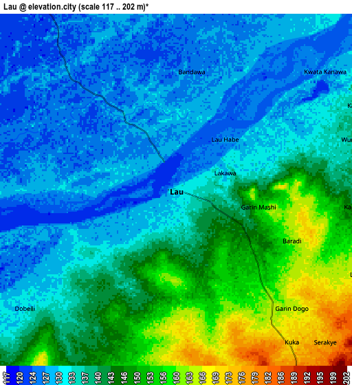 Zoom OUT 2x Lau, Nigeria elevation map