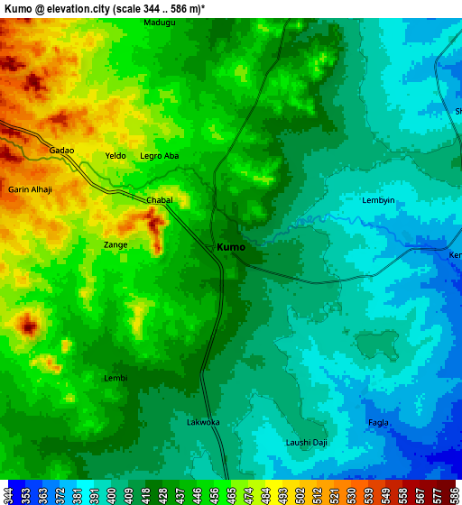 Zoom OUT 2x Kumo, Nigeria elevation map