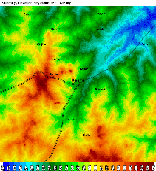 Zoom OUT 2x Kaiama, Nigeria elevation map