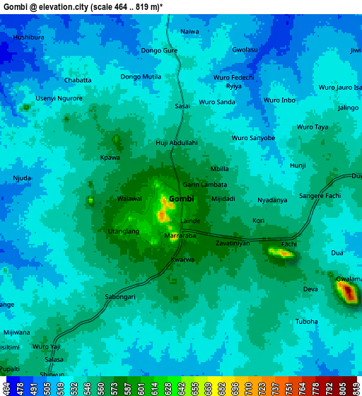 Zoom OUT 2x Gombi, Nigeria elevation map