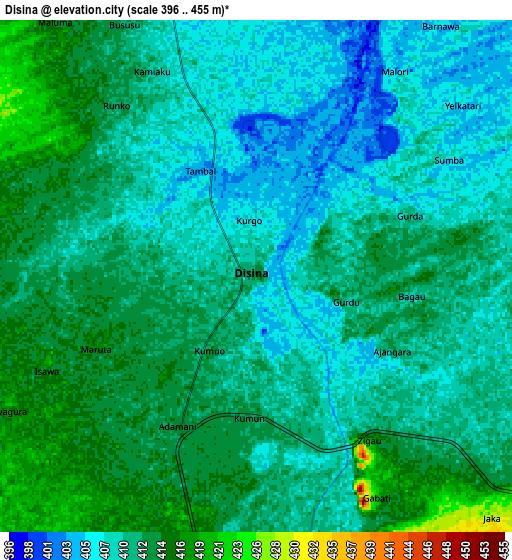 Zoom OUT 2x Disina, Nigeria elevation map