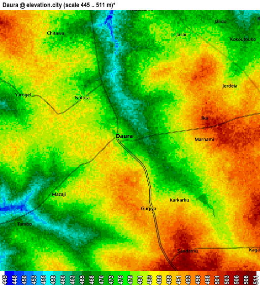 Zoom OUT 2x Daura, Nigeria elevation map