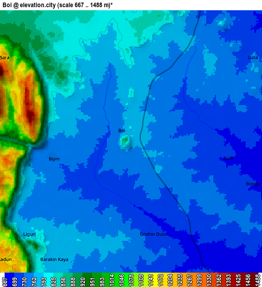 Zoom OUT 2x Boi, Nigeria elevation map