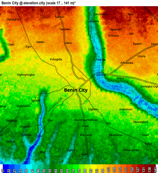 Zoom OUT 2x Benin City, Nigeria elevation map